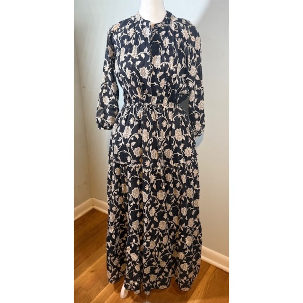 Banjanan Floral Block Print Cotton Maxi Dress XS‎ Navy Cream Tiered Boho Cottage
